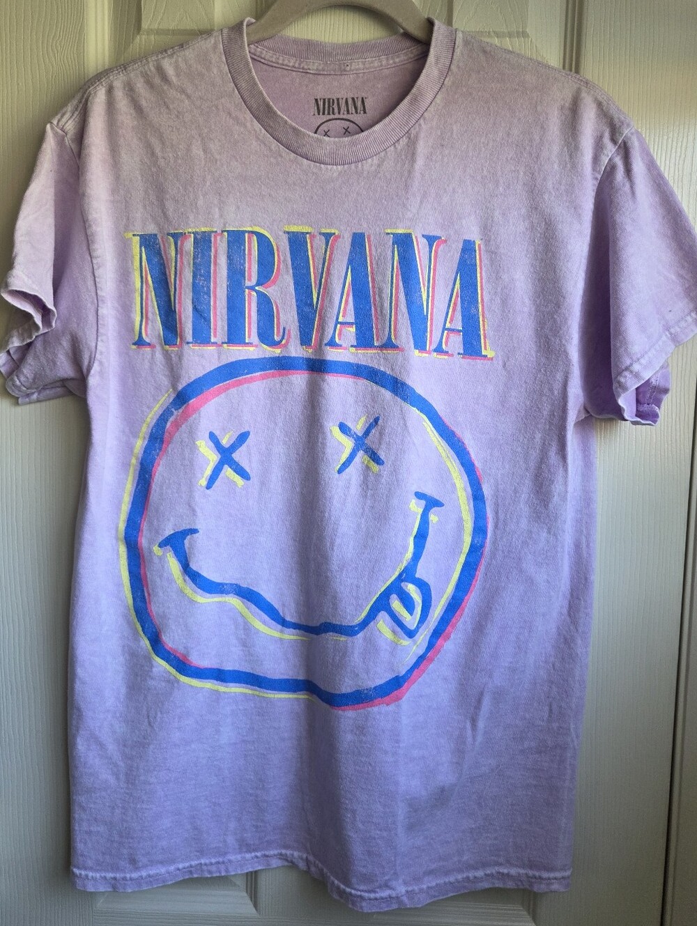 NIRVANA Lavender Short Sleeve Tee with Neon Smiley Graphic